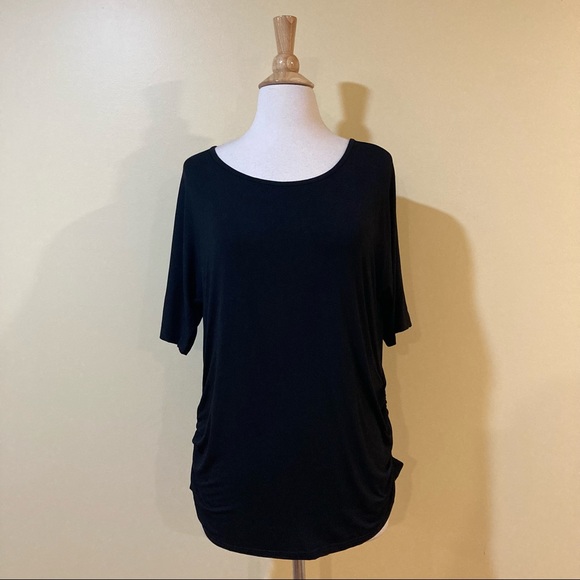 Open Cutout T Back Ruched Sides Drapey Top Black - Picture 4 of 6